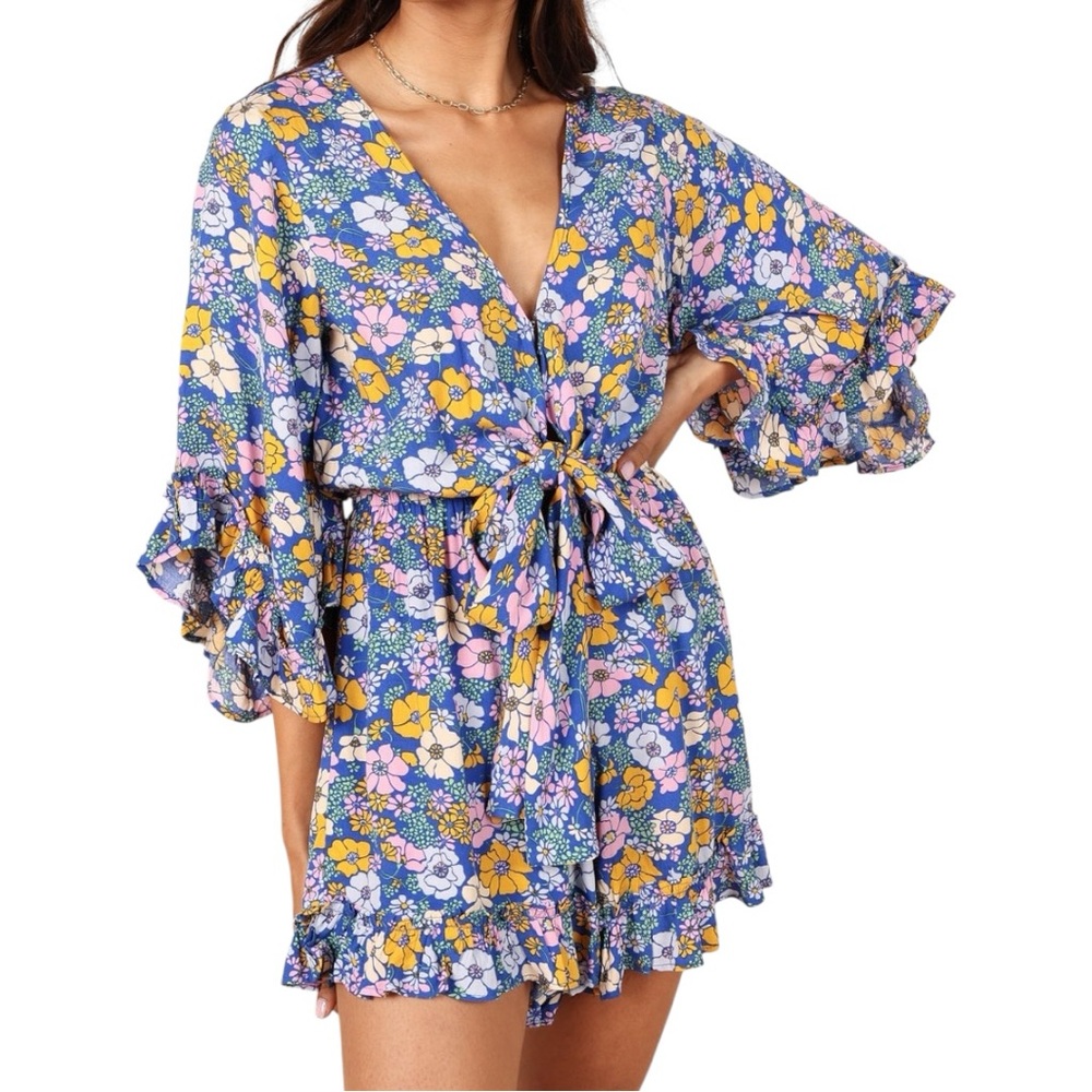 Petal & Pup Blue Floral Tuily Long Sleeve Ruffle Romper Size Small - Picture 2 of 10